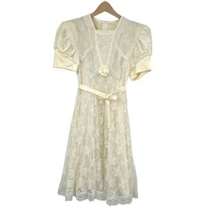 Vtg Jessica McClintock Ivory Lace Dress Girls 8 Puff Sleeve Satin Communion